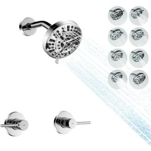 Chrome 2 Handle Shower faucet Set with 8 Mode Shower Head, Two Handles Bathroom Shower Faucet Trim Kit with Brass Rough-in Valve, Wall Mounted