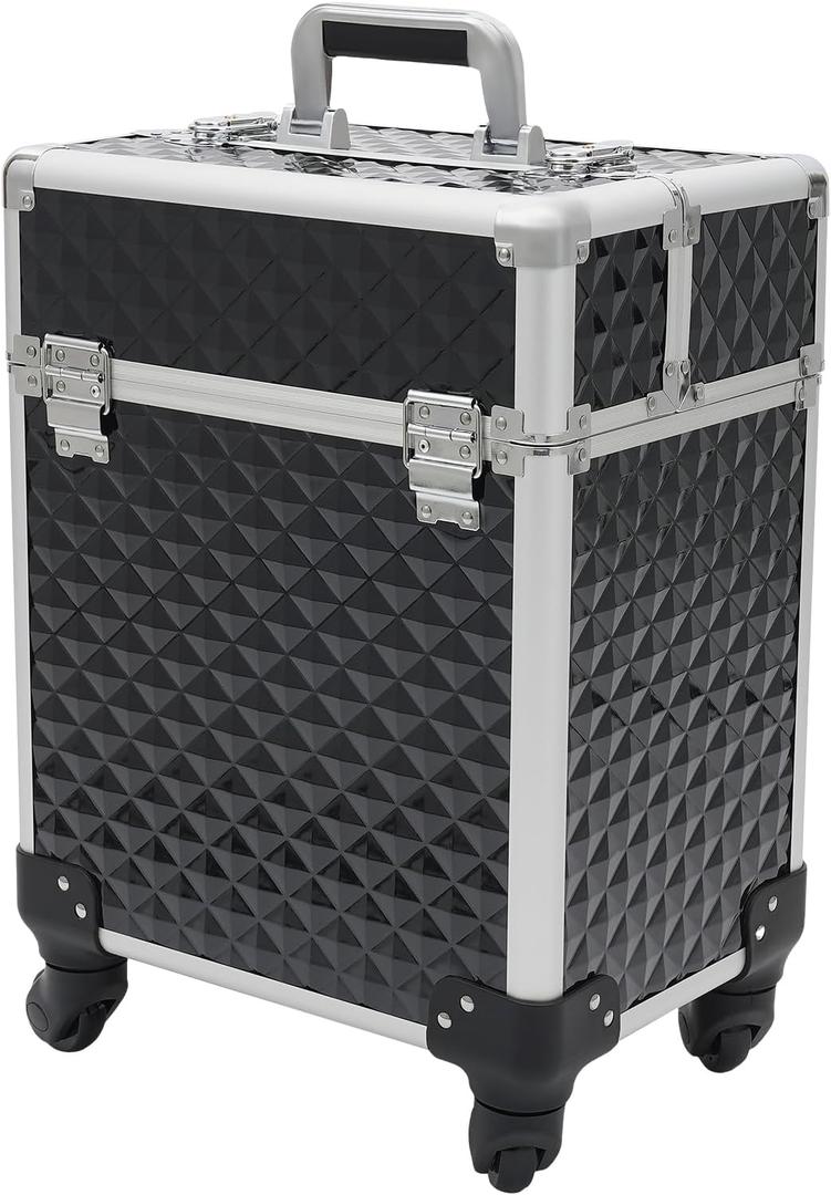 Black Rolling Makeup Train Case, Makeup Train Case with 4 Wheels, for Traveler, Stylist, Beauty, Salon, Makeup Artist, Lipstick Nail Polish Makeup Organizer Case Storage Box Luggage