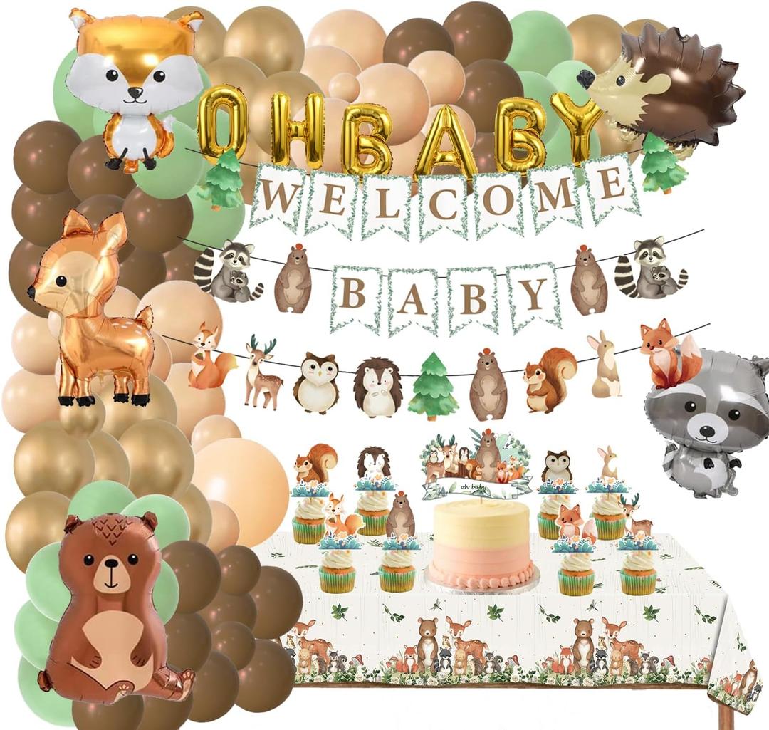 128pcs Woodland Animals Baby Shower Decoration Forest Animal Neutral Gender Reveal Party Supplies Safari Birthday Party Balloon Garlands,Oh Baby Balloons,Welcome Baby Banner,Tabletop Decor