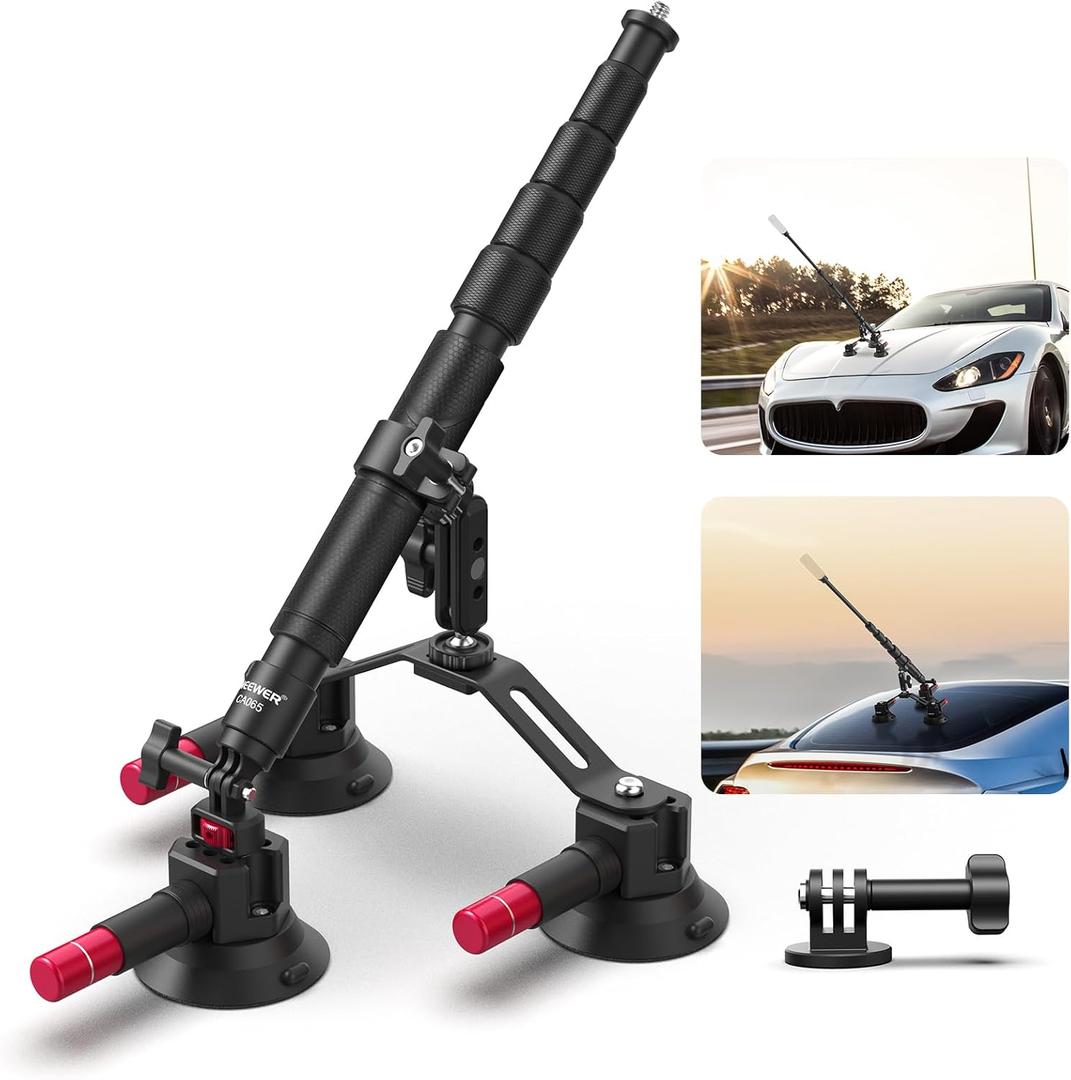 NEEWER Triple Suction Cup Car Mount Compatible with Insta360 X5 X4 GoPro DJI OSMO 360 Cameras, Quick Release Outside Windshield Magic Arm Mount Kit with 2 in 1 Extension Pole/Selfie Stick, CA065