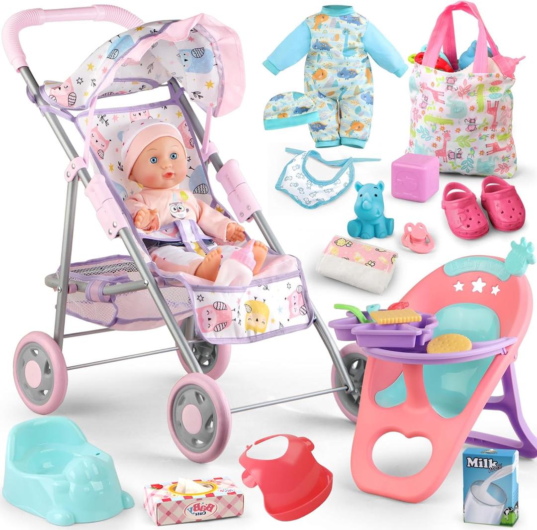 Baby Doll Stroller Play Set with 12.5" Baby Doll,Dining Chair, 2 Sets Clothes and 20 PCS Doll Accessories. Stroller Toy for 3, 4, 5, 6 Year Old Toddler Girls for Realistic Pretend Play