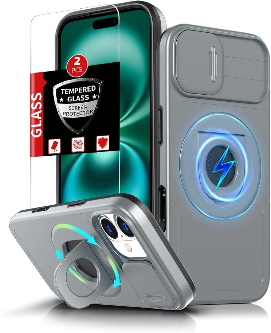 FRLMOOES for iPhone 16 Plus Case Magnetic Compatible with MagSafe Wireless Charging,with 2 Screen Protector,Built-in 360Kickstand Ring+Camera Cover Anti-Scratch Shockproof Heavy Duty Protection Grey (Gray)