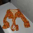 Verdusa Women's Boho 70s Tops Tie Front Bell Long Sleeve Floral Print Mesh Sheer Blouse Crop Tops Orange Yellow, XS