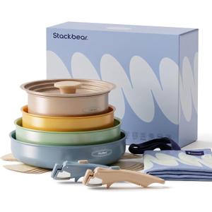 Ceramic Cookware Set, Detachable Handle Pots and Pans Non Stick, 12-Piece Camping Cooking Set Nonstick with Storage Bag, Anti-Scratch Pads, PFOA Free, RV Camping Essentials