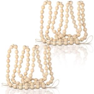 2 Pcs/ 14.4 Feet Christmas Wooden Beads Garland Xmas Wooden Tree Beads Rustic Round Craft Decorative Christmas Tree Farmhouse Decor Boho Vintage Garland for Decoration Supplies(Wood)
