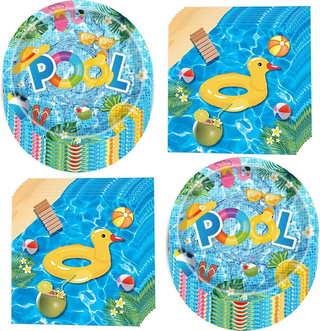 100Pcs Pool Party Supplies Summer Beach Party Set 7"Summer Pool Plates Pool Napkins for Beach Pool Theme luau Beach Summer Pool Birthday Party Decorations|Serve 50 (Pool)