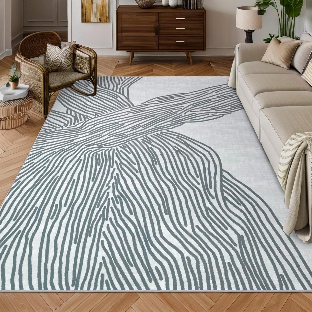 YIHOUSE Grey Rug for Living Room, 69 Modern Abstract Area Rug, Geometric Contemporary Wave Striped Rugs for Playroom Nursery, Washable Nonslip Large Rug for Bedroom Dining Room