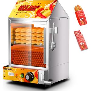 WantJoin Hot Dog Steamer - 28.8QT Electric Commercial Hot Dog Steaming Machine with Bun Warmer, Glass Sliding Door for 175 Hot Dogs and 40 Buns Adjustable Temperature