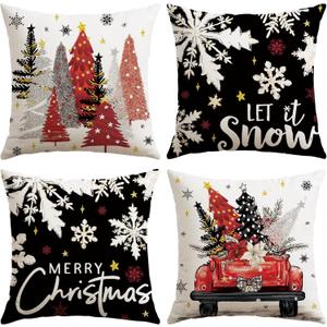Artscope Christmas Throw Pillow Covers 18x18 Inch Set of 4, Let It Snow Snowflakes Truck Winter Christmas Decoration Pillow Cases for Home Sofa Couch Decor-Black