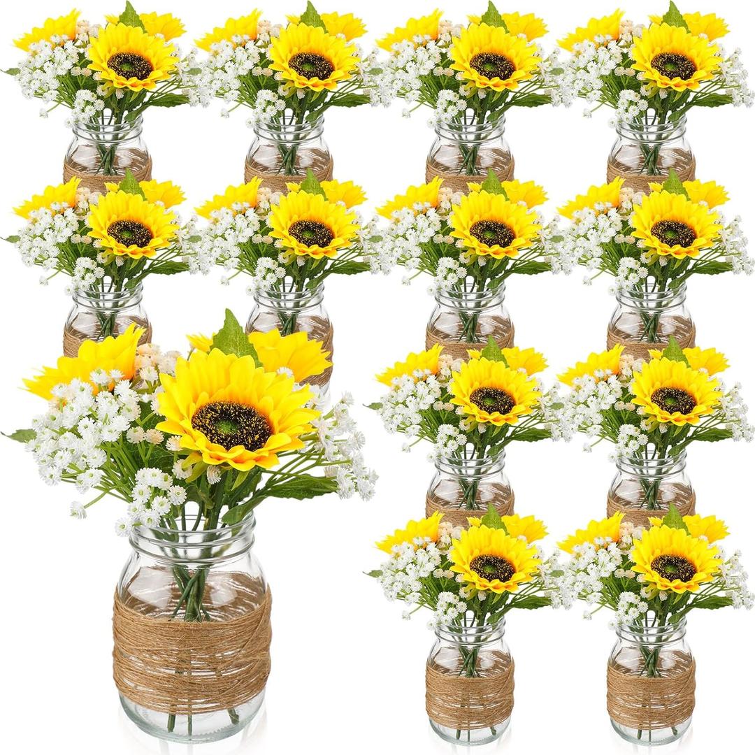 85 Pcs/ 12 Set Sunflower Mason Jar Table Centerpiece Mason Jar Vases Faux Floral with Rope Boho Rustic Flower Table Decoration for Reception Engagement Party Bridal Shower Wedding