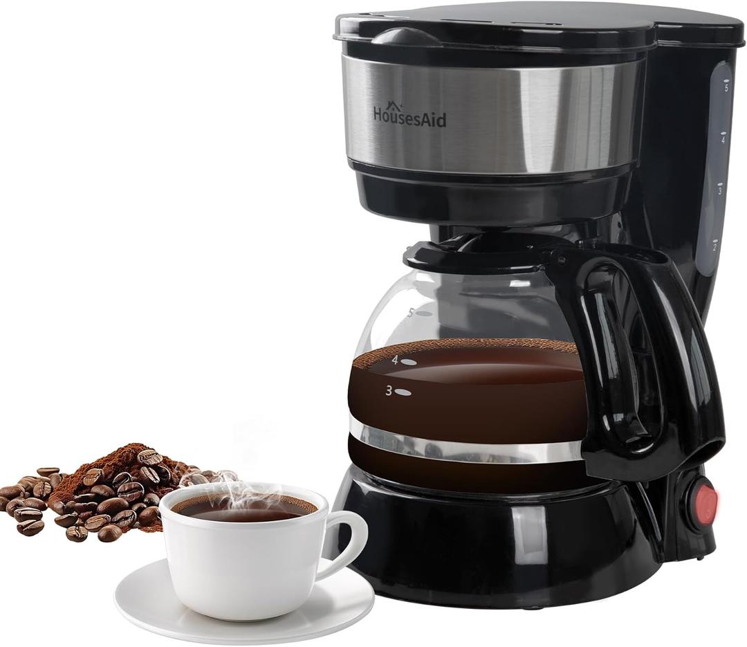 5 Cup Coffee Maker, Compact Small Coffee Machine for 1-2 People, 0.75L Glass Carafe, 2-Hour Auto Shut-Off, 650W Fast Brew, Space Saving for Apartment, Dorm & Office (Silver and black)