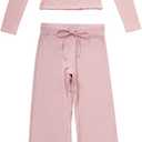 OMKAGI Womens Lounge Set Lace Square Neck Long Sleeve Tops Wide Leg Pants 2 Piece Outfits (Pink, XL)