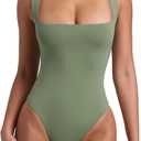 REORIA Butsmooth Womens Sexy Sleeveless Square Neck Double Lined Basic Bodysuit Tank Tops (Small, Dark Green)