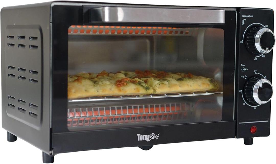 Total Chef Toaster Oven - Countertop Oven for Toast, Bake, Broil, Pizza, Compact Size For Small Kitchen, Appliance with Timer, Black, 4 Slice Toaster Oven