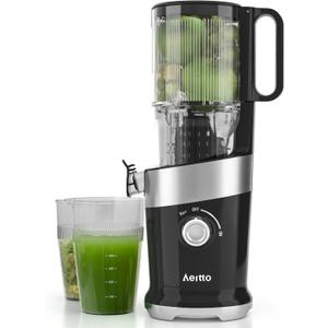 Cold Press Juicer with Whole Feed Chute, Aeitto Masticating Juicer Machines, Juice Extractor Machine Easy to Clean, High Juice Yield, For Whole Vegetables and Fruits, Easy to Assemble, Onyx Black