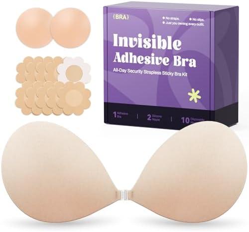 Invisible Strapless Sticky Bra Push up for Women, Ultra Adhesive Bra for Backless Dress, Cleavage Bra Lift Novelty Bras (D Cup, Light Beige)