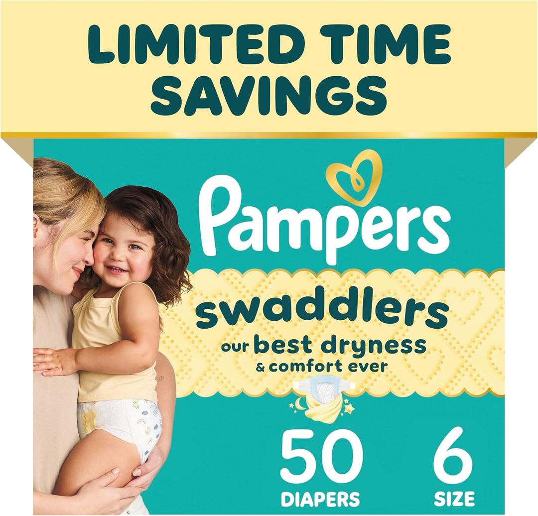 Pampers Swaddlers Diapers, Size 6 (23-44 lbs), 50 Count, Absorbent, Keeps Baby Dry and Comfortable, Skin Safe Disposable Baby Diaper 