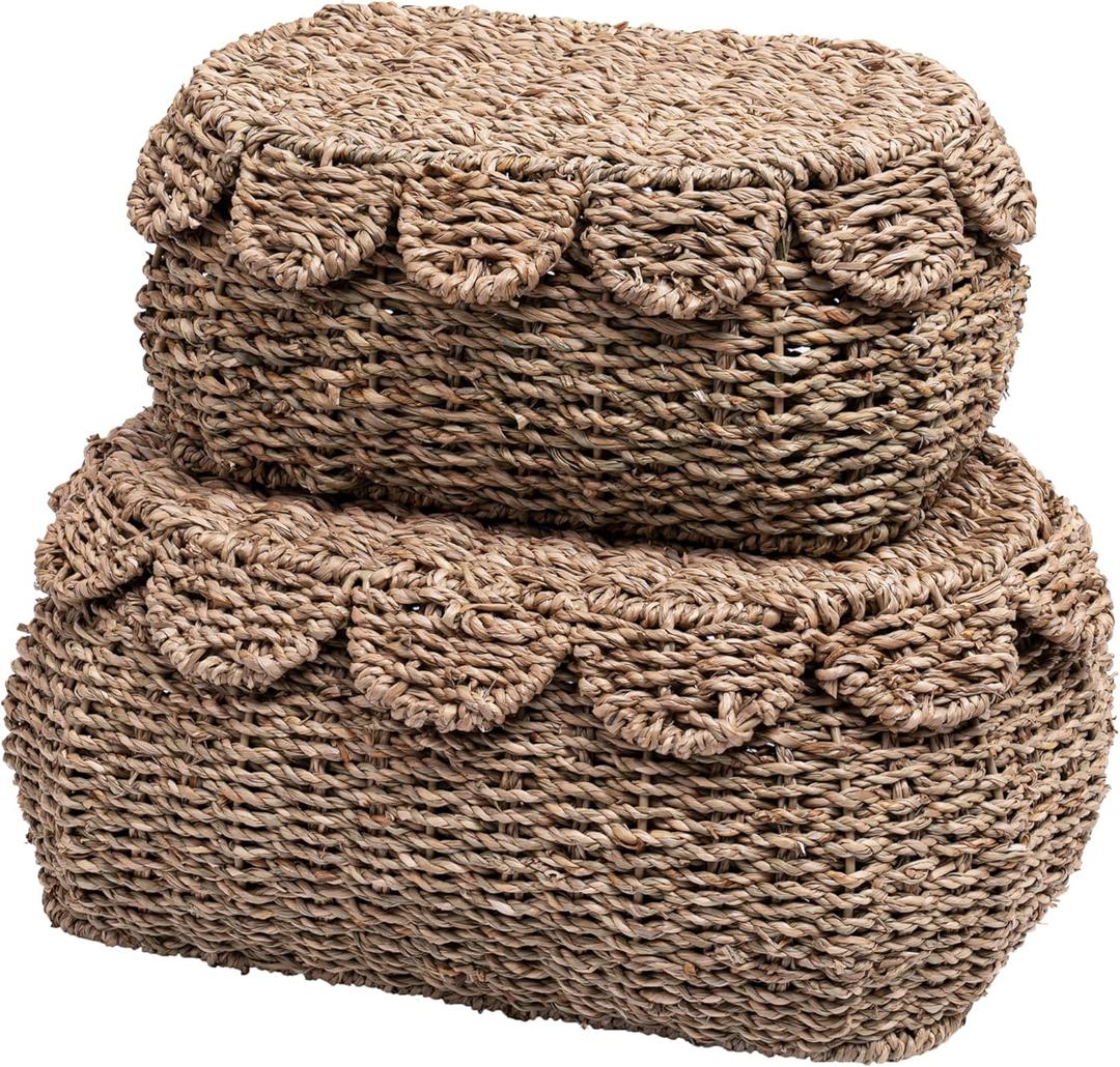 Set of 2 Hand Round Wicker Storage Baskets, Rattan Basket Decorative Boxes, Woven Storage Box Seagrass Baskets with Lids, Scalloped Edge Wicker Basket with Lid
