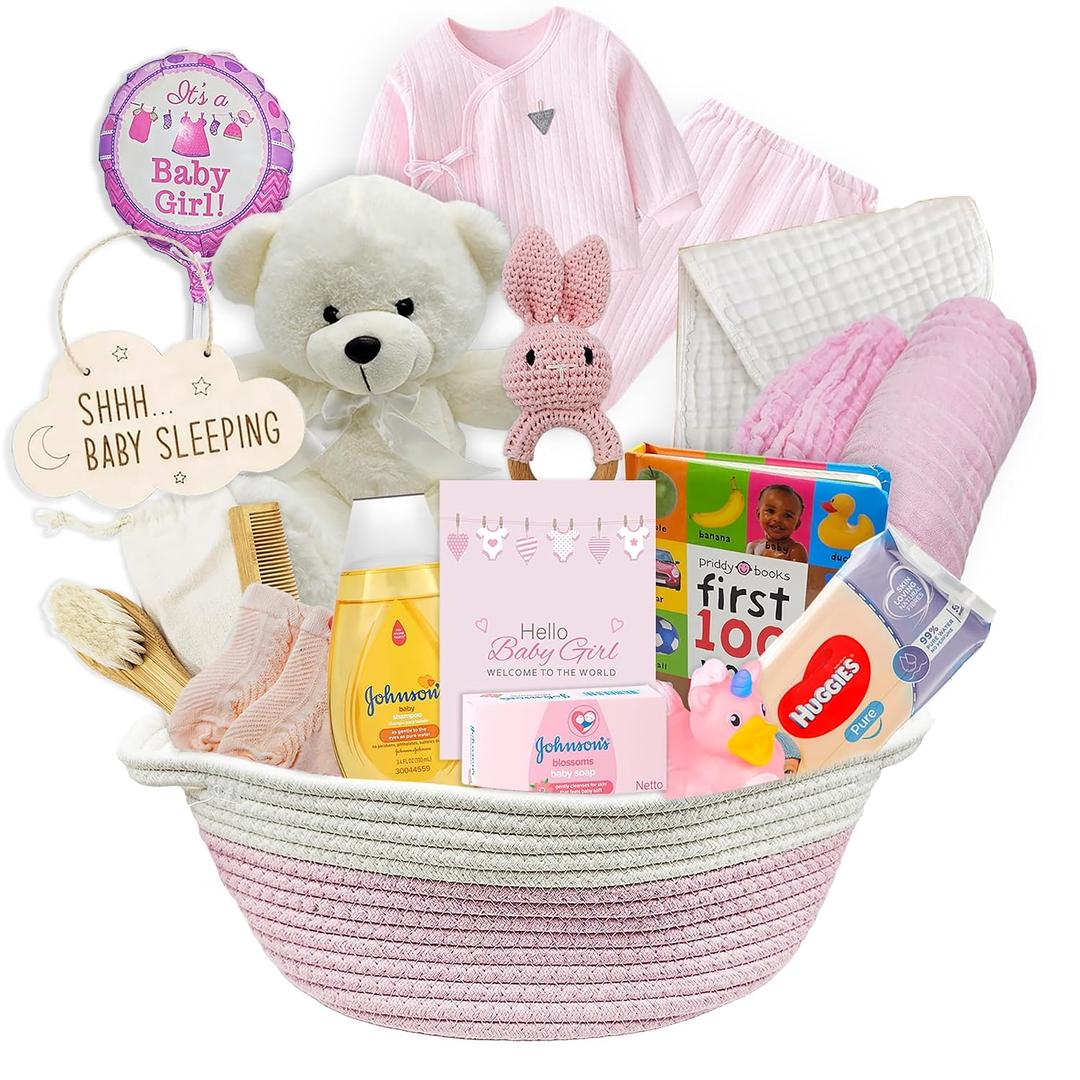 New Baby Girl Gift Basket | Unique Gift Set for a new mom Pink Baby Gift Set. Welcome Baby Care Package All w/Newborn Essentials Bundle for Expecting Moms Baby Shower, After Labor Gift