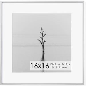 16x16 Metal Picture Frame with 12x12 Mat, Brushed Aluminum Finish, Tempered Glass Front, and Attached Hanging Hardware - Versatile Wall Display Frames for Vertical or Horizontal Orientation - Sliver (Silver)