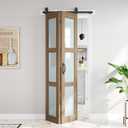 FREDBECK 36X84(Double 18x84) Bifold Door Frosted Glass Brown Sliding Closet Barn Doors with Hardware Kit Included, Water-Proof PVC Surface for Bedroom,Bathroom,Assembly Required