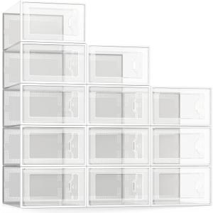 SEE SPRING 12 Pack Shoe Storage Box, Clear Plastic Stackable Shoe Organizer for Closet, Space Saving Foldable Shoe Rack Sneaker Container Bin Holder (Large Fit Size 9, Clear)