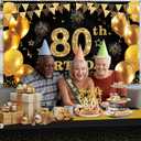 80th Birthday Decorations Men Women with 80th Birthday Banner, Black and Gold Table Cloth, Number Balloons, Large Sash, Cake Topper and Candles
