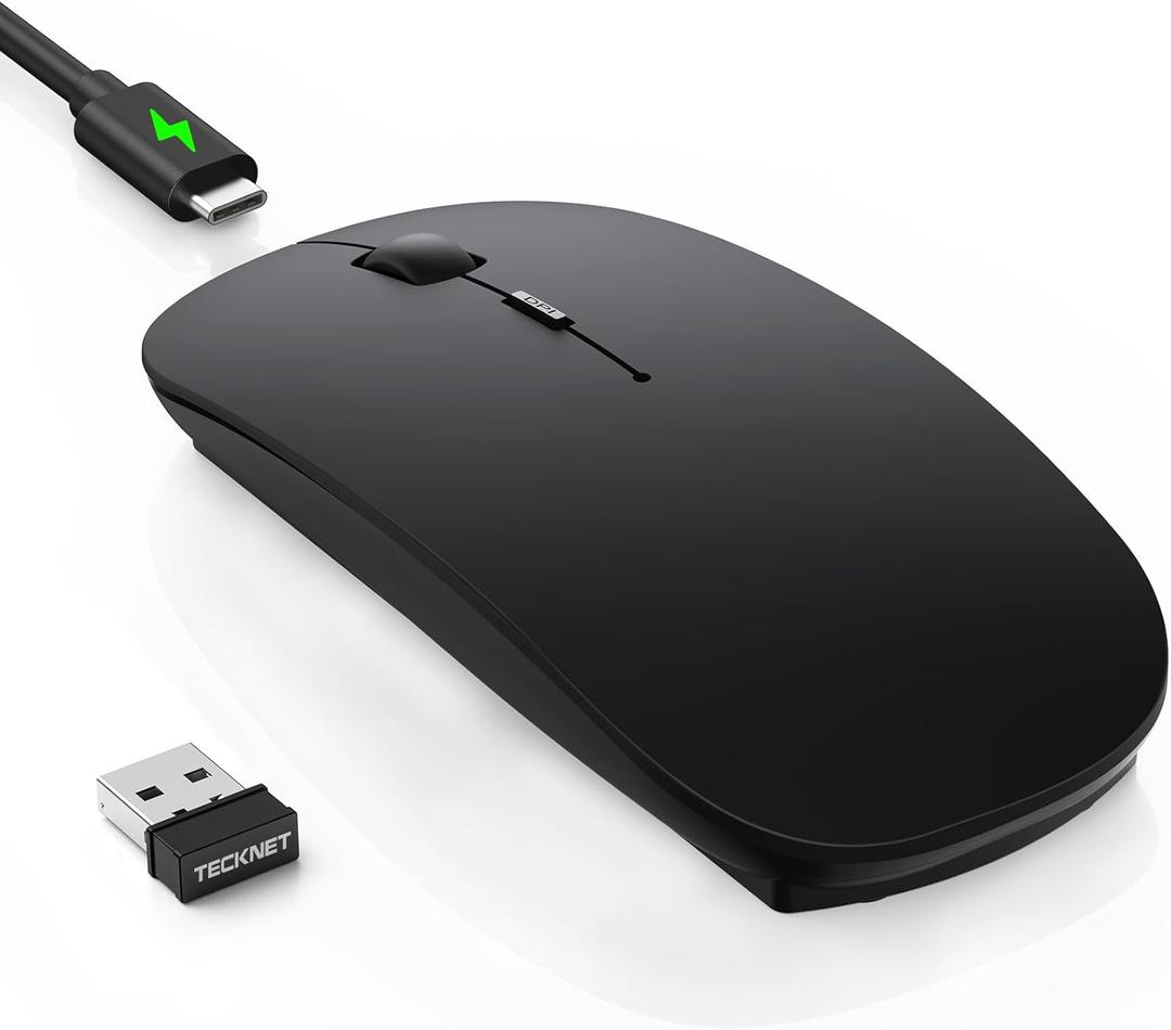TECKNET Bluetooth Wireless Mouse for Laptop, Rechargeable Silent Computer Mouse (Bluetooth 5.2/3.0 & 2.4G), Ultra-Thin, 6-Level Adjustable 4800 DPI Bluetooth Mouse for Mac OS, iPad, Windows, Android (black)