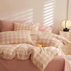 EAVD Vintage Style Pink&Yellow Gingham Comforter Set Twin XL Soft 100% Washed Cotton 3-Piece Farmhouse Grid Checkerd Plaid Bedding Set with 2 Pillowcases Retro Plaid Comforter Set for All-Season
