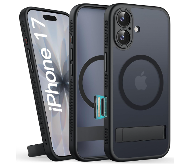 for iPhone 17 Magnetic Case with Stand, Camera Control Button, Compatible with MagSafe, Full Lens Protection, Rugged Military Grade Drop, Hard Translucent Matte Slim Case for iPhone 17, Black