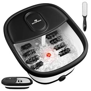 SPA4PIEDS Collapsible Foot Spa Bath Massager with Heat, Bubbles, and Red Light, 8 Shiatsu Massage Rollers, A Double-Sided Foot File for Stress Relief & Soft Feet, Space-Saving Foot Soaker, Black