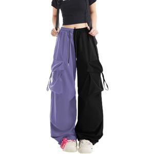 Skateboard Frog Women Y2K Baggy Streetwear Hip Hop Parachute Pants Lightweight Wide Leg Drawstring Cargo Pants Dance (Large, Black)