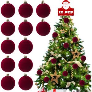 Dazftiey 12 PCS Red Velvet Ornaments for Christmas Tree Decorations, Elegant Red Velvet Christmas Ornaments Balls, Shatterproof Xmas Decorative Hanging Ornaments(2.36 Inch)