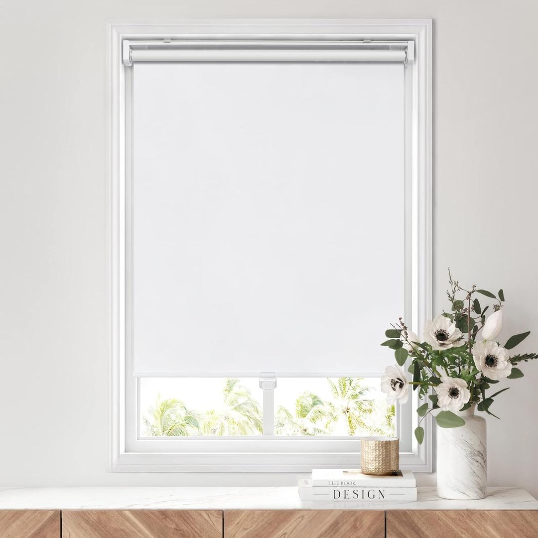 LazBlinds No Tools No Drill Cordless Roller Shades, 100% Blackout Roller Blinds for Windows, Thermal Insulated UV Protection Waterproof Roll Up Window Blinds and Shades, 45'' W x 48'' H, White