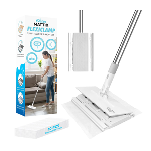 CleanMattix  FlexiClamp Sweep & Mop Kit  Compatible with Swiffer Pads, Durable Cleaning Tool for Hardwood, Tile, Marble & Laminate Floors, Home, Kitchen Cleaning Essentials. (Include 10 Dry Cloths)