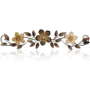 Wesiti Metal Flower Wall Decor Vintage Spring Metal Flower Wrought Iron Scroll Sculpture 15.7''x3.7'' Farmhouse Leaves Wall Decor with Nails for Spring Living Room Bedroom Indoor Outdoor(Brown)