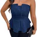 Floerns Women's Plus Size Sleeveless Strapless Bandeau Ruffle Hem Denim Tube Tops L