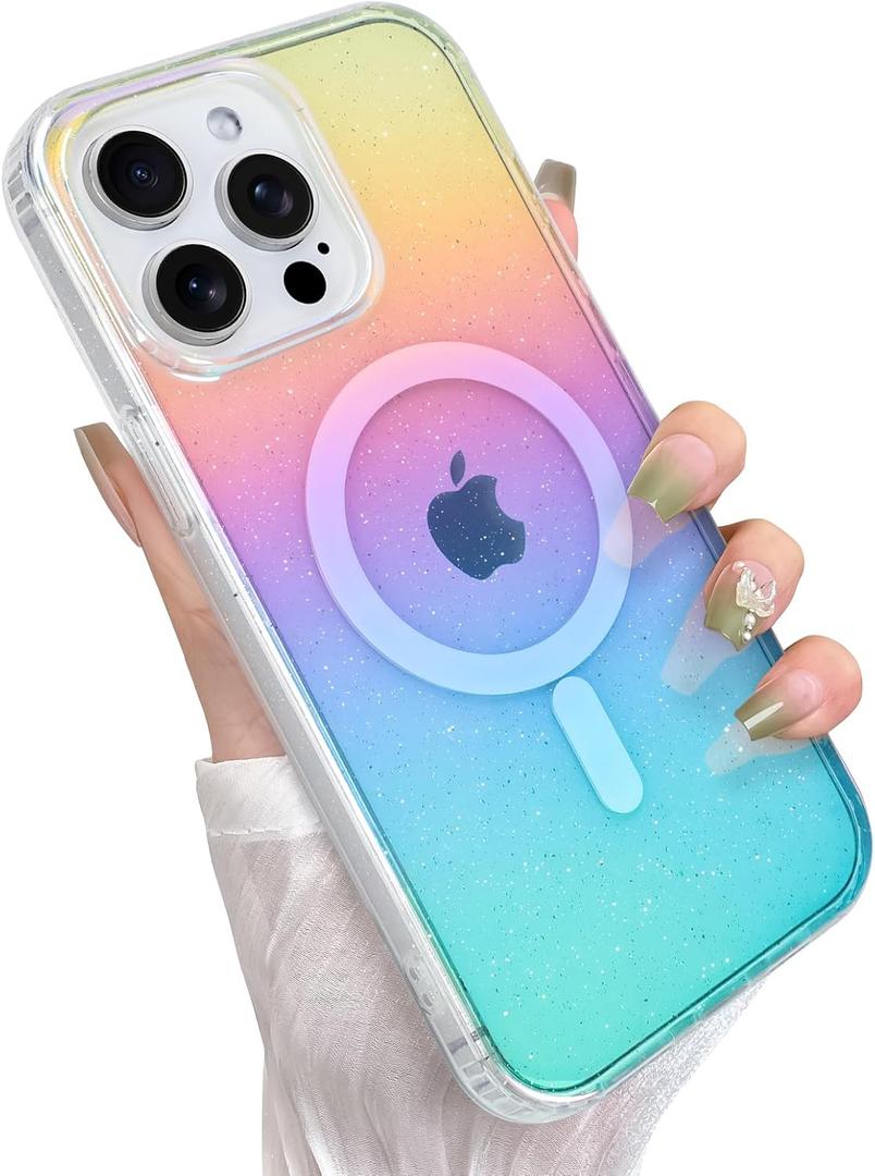 Glitter Case for iPhone 14 Pro Case for Women Girls [ Compatible with Magsafe ] Clear Cute Girly Aesthetic Iridescent Rainbow Sparkly Bling Magnetic Phone Cover, Gradient Blue & Pink