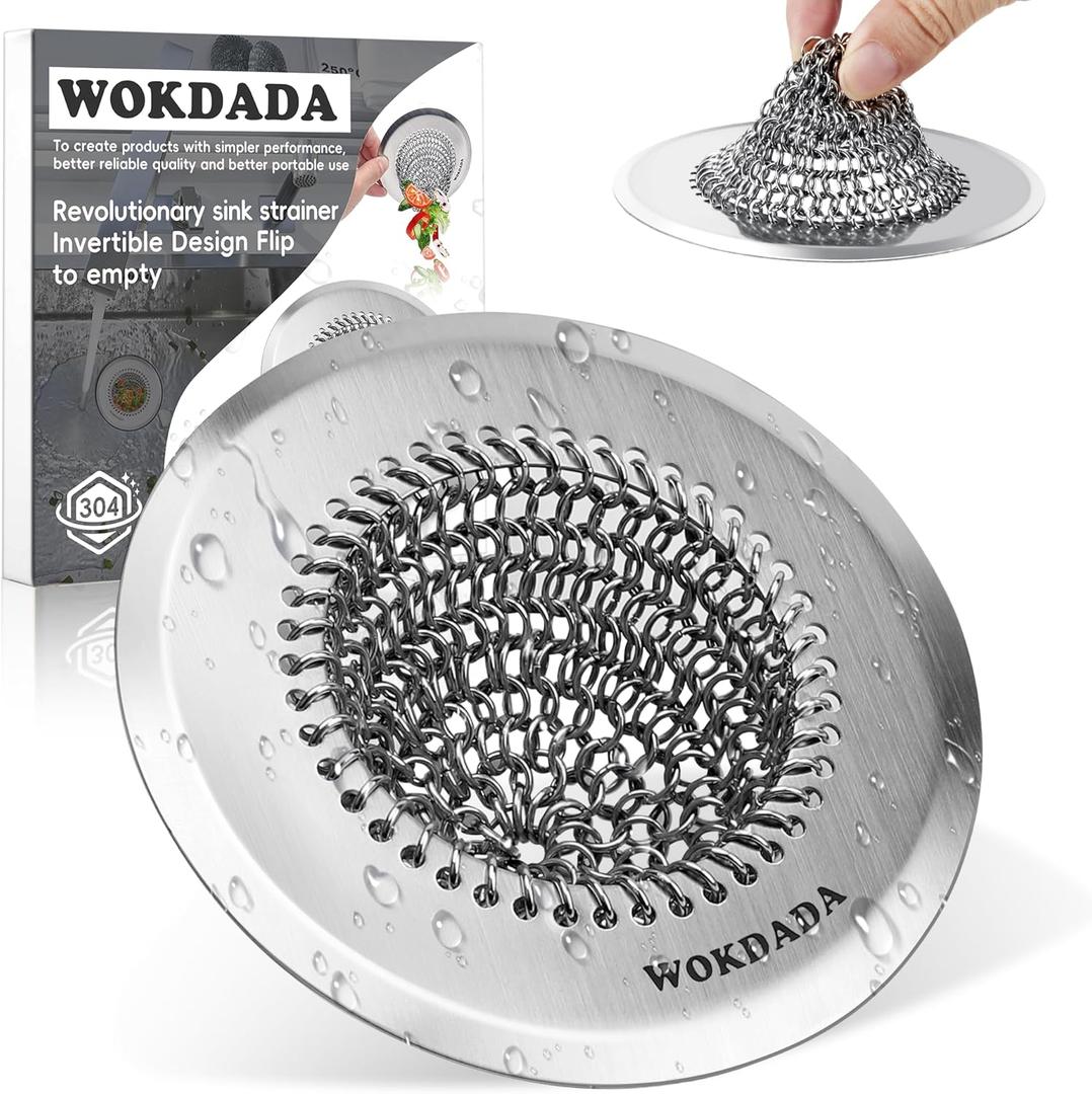 Revolutionary Kitchen Sink Drain Strainer/Patented Reversible Chain Mesh, Effortless Cleaning & Debris Catcher, Large Capacity, No Clog, 304 Stainless Steel & Rust-Proof/Handmade (Silver)