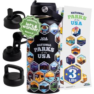 LET'S WANDER National Parks Water Bottle with 3 Lids & 63 Waterproof Stickers - 32oz Leakproof Insulated Stainless Steel with Straw - USA Hiker Gift Bottle (Black)