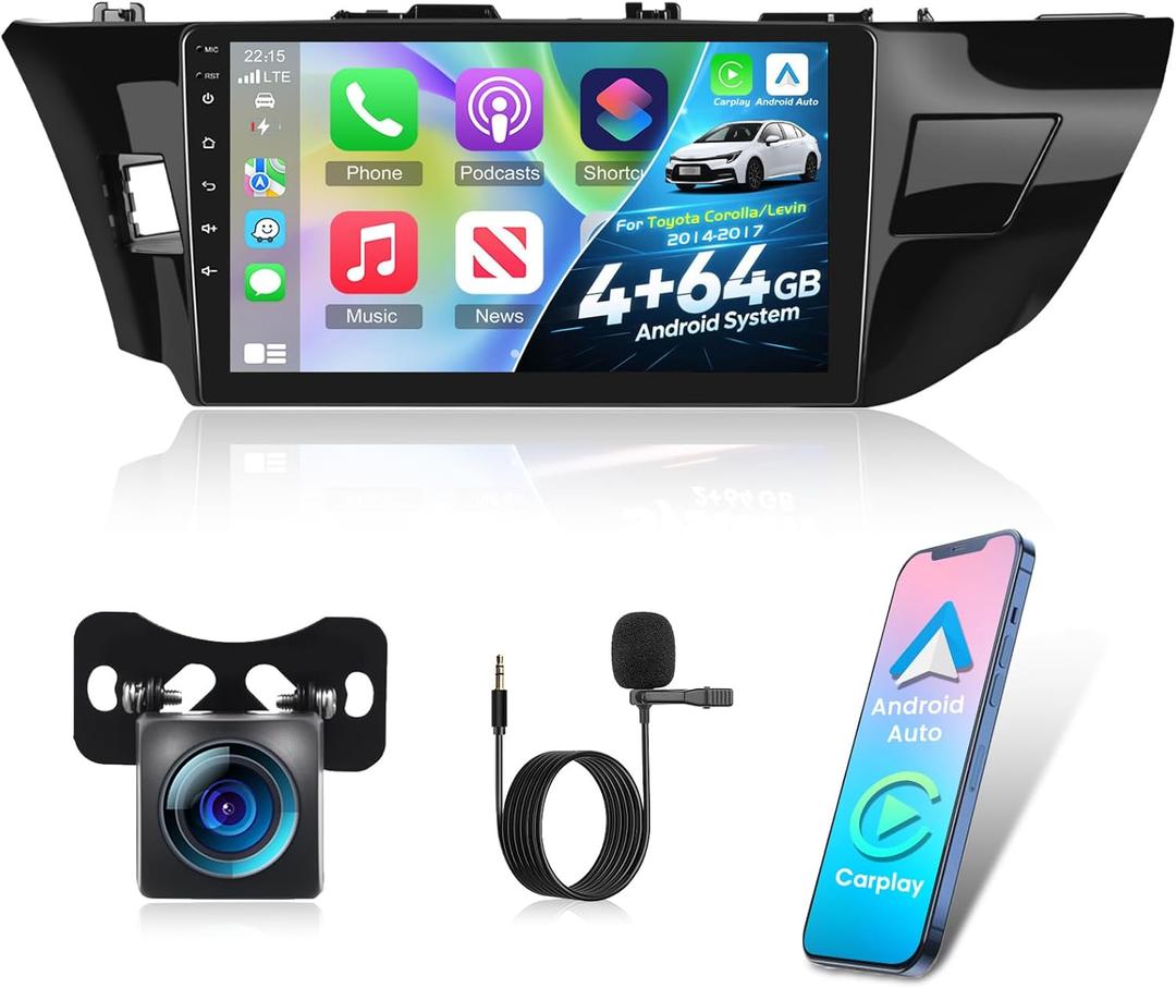 [4+64G] NHOPEEW Car Radio for Toyota Corolla/Levin 2014-2017 - Wireless Carplay and Android Auto - 10 Inch Touchscreen Android Car Stereo - EQ Audio/WiFi/GPS/SWC/Bluetooth + AHD Backup Camera