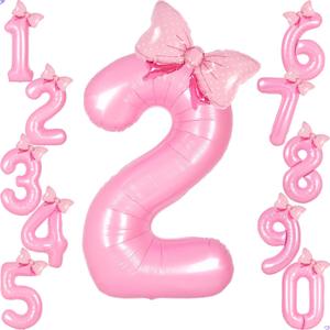 Pink 2 Balloon Number Pink Birthday Decorations for Girls, Bow Balloons Foil Mylar Large 40 2 Birthday Balloon for Girls Bow Butterfly Coquette 2nd Party Decorations(Number 2 balloons)