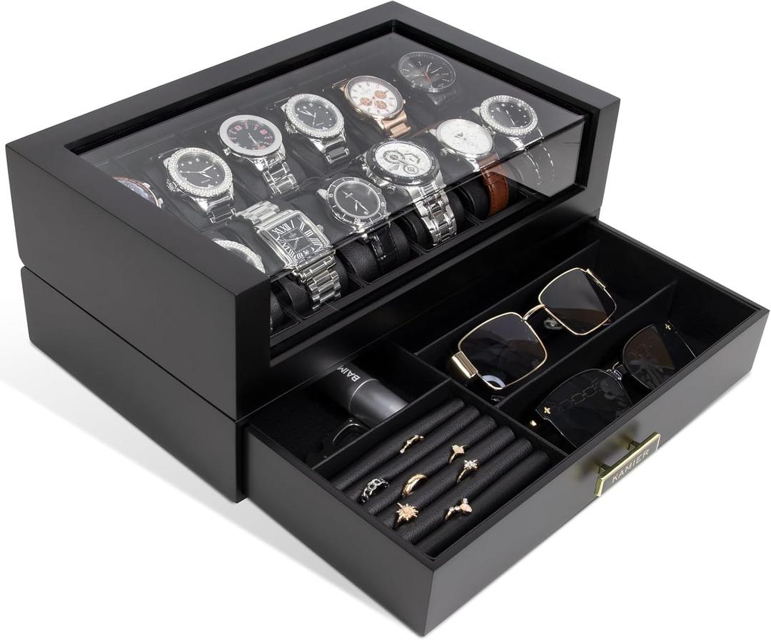 High End Watch Box for Men, 12 Slot Wooden Watch Case With Drawer, Watch Display Box with Glass Lid, 2-Layer Watch Holder for Jewelry and Watch Storage for Men Women , Ideal for Gift (With Gift Box) (Black)