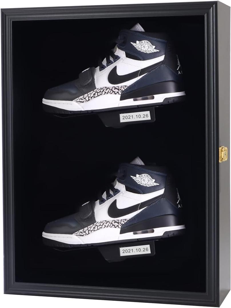 Memorabilia Shoe Display Case Wooden Frame Wall Mount Acrylic Clear Door Sneaker Cabinet Containers Storage Shelves Boxes 98% UV Protection LockableDouble Shoe-Black