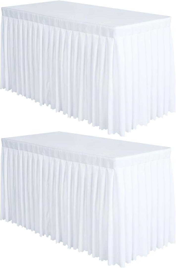Surmente 2 Pack White Table Skirt, 14ft Polyester Tablecloth for Weddings, Banquets, or Restaurants