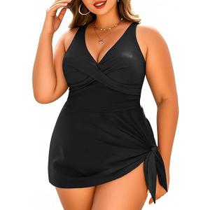 One Piece Swimsuits for Women Flowy Asymmetrical Hem Swim Dress with Shorts Built in, Size M