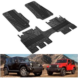 KIWI MASTER Floor Mats for 2007-2013 Jeep Wrangler JK 4-Door, OEM Replacement 82210166AC, Custom Fit All Weather Car Mats, Heavy Duty TPE Floor Liners, Front & Rear 2 Row, Black