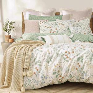ALEISSEL Natural Cotton 3pcs Botanical Comforter Sets Queen Size-Green Comforter with Red & Blue Flowers,Gray Leaves on Off-White, Reversible Lightweight Bedding Sets(Full/Queen)