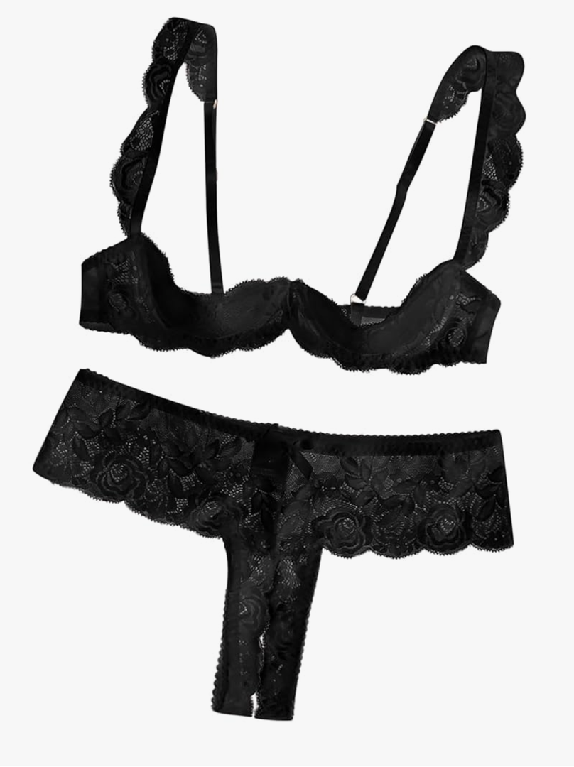 Lilosy Women Sexy White Floral Lace Sheer Lingerie Set Underwire See Through Bra and Panty size XL