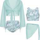 GRACE KARIN Girls Bathing Suit Adjustable Taniki Swimsuit Tie Front 4 Piece Bikini Set with Kimono Cover Up, 7-8 Years, Green Blue-coconut Tree